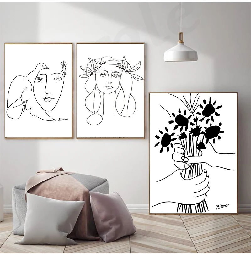 Art Prints Sketches Woman Bouquet of Peace Painting Poster Minimalist Wall Art Home Wall Decor Picasso Line Art Drawing Canvas