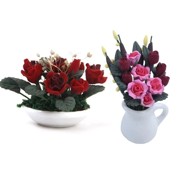 

1pcs Clay Plants Pink Gypsophila Flower Ceramic Pot & 1pcs Miniature Beautiful Red Flowers For 1/12 Scale Dollhouse Furniture