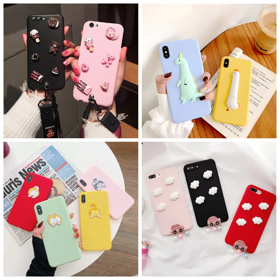 

3D Cute Bear Dinosaur DIY Case For iPhone 11 Pro XR X XS Max Dog Cat Lanyard Cover For iPhone 7 6s 5 8 Plus Kawaii Soft Case