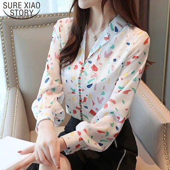 

Sexy V-neck Chiffon Blouse Casual Office Lady Shirt Women Blusas Mujer De Moda 2019 Print Spring Autumn Female Clothes 7085 50