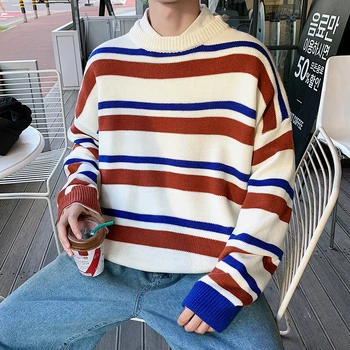 

2019 Men's Stripe Printing Coats Round Neck Casual Cashmere Sweater White/red Pullover Male Leisure Woolen Knitting Size M-2XL