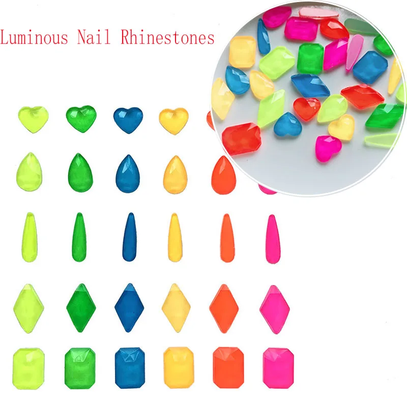 

100pcs multi-color 3x10mm Raindrop Luminous Nail Rhinestones Fluorescent Effect Nail Flat Back in the Dark 3D Nail Decorations