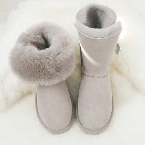 Volcanic gray GY& YY/зимние сапоги из натуральной овечьей кожи; зимние женские сапоги из натуральной шерсти; теплая женская обувь до середины икры на плоской подошве из замши и овечьей шерсти - Цвет: Volcanic gray