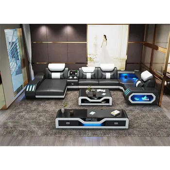 

Multifunctional led light music player USB combination living room sofa set genuine leather sofa chaise