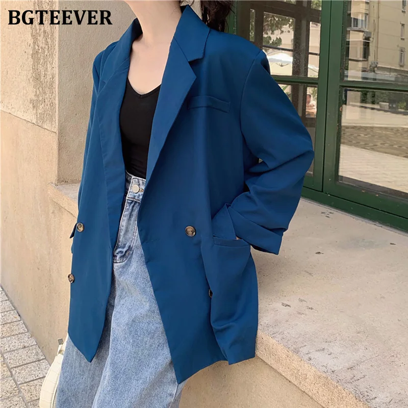 

BGTEEVER Stylish Loose Double-breasted Women Blazer Jacket Notched Collar Female Suit Jacket OL Style Blaser feminino 2019