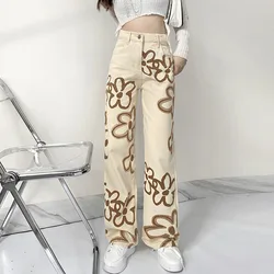 Harajuku calças de brim de tamanho grande streetwear calças creme flor impressão longa reta solta calças jeans mulher cintura alta calças jeans y2k pant