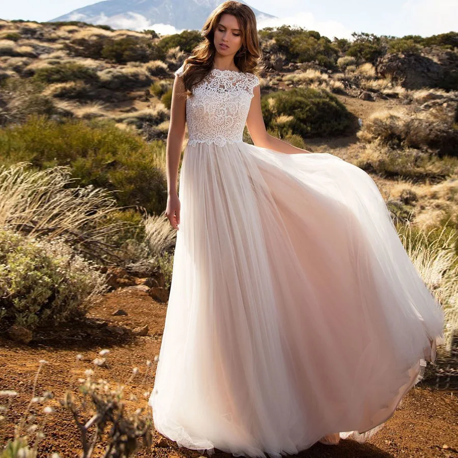 

ADLN Boho Wedding Dresses Scoop A-Line Appliques Tulle Bride Dress Custom Made Backless Wedding Gown Plus Size New Arrival