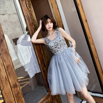 

Grey Short Mini Lady Qipao Sexy V-neck Bling Sequins Cheongsam Novelty Ball Gown Classic Formal Party Mesh Dress Elegant Vestido