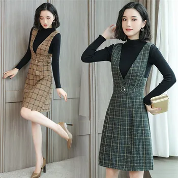 

New Autumn Women Strap Wool Plaid Vest Slim Dress Bottoming Sweater Top Two-piece Suit Female Winter Vestidos Dress Size X3L