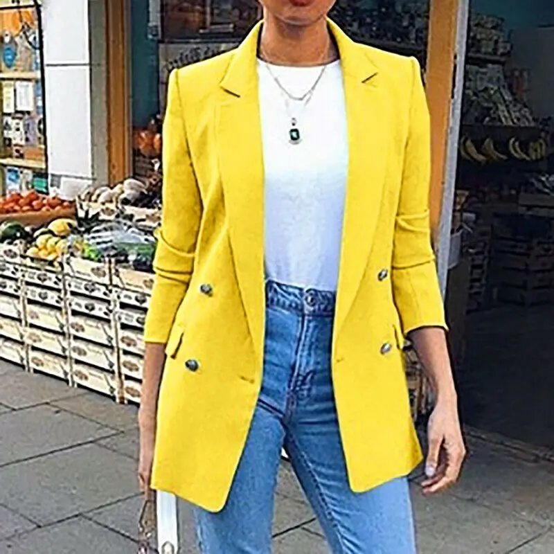 

New Office Ladies Turn Down Collar Blazer Women Suit Jackets Long Solid Color Jacket Coats Casual Outerwear Blazer