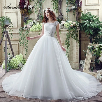 

Classic Wedding Dresses Ball Gown jewel Zipper Sleeveless Chapel Train Bridal Lace sheer Ruffle 2021 Vestido De Noiva SQS041