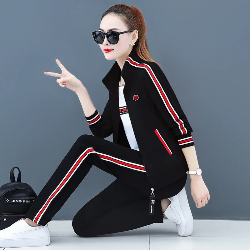2019 New Autumn Women Sportswear Tracksuit Stripe Printed Jacket+sweatshirt+pant Running Jogging casual Workout Set Sport Suit