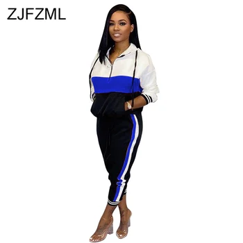 

Striped Fitness Two Piece Set Sweatsuit Outfit Women Turn-Down Collar Full Sleeve Pockets Hoodie and Pencil Pants Plus Size Set