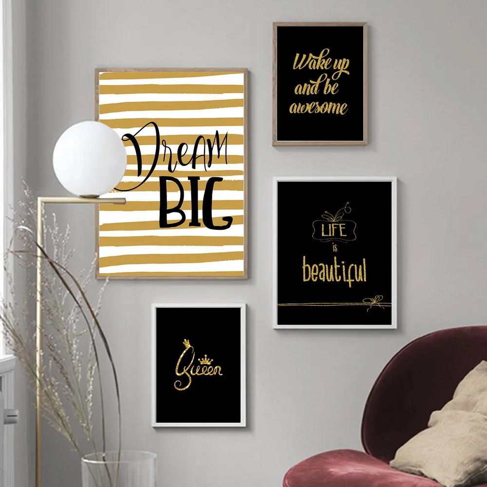 

Wall Art Modular Print Pictures Dream Beautiful Quote Golden Glittering Nordic Poster Canvas Painting For Living Room Home Decor