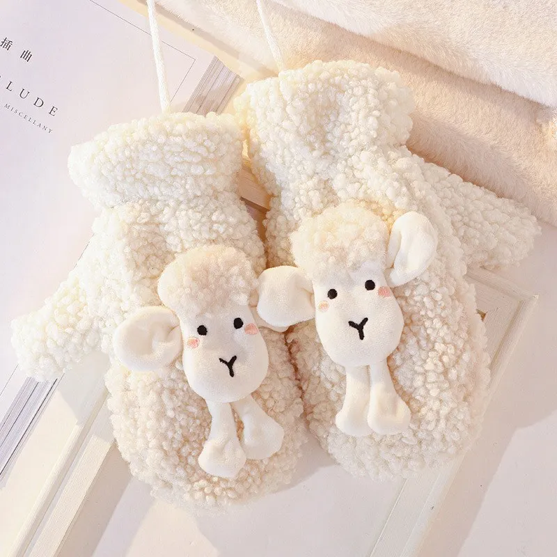 1Pair Women Girl Lovely Gloves Winter Plush Korean Sheep Gloves Faux Fur Cute Full Finger Thick Gloves Mittens Christmas Gloves