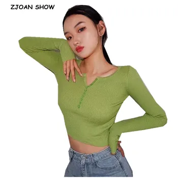 

6 CLR 2019 Women Knit Striped Line Buttons V neck Sweater Vintage Exposed navel Short Pullover Knitwear Long sleeve Jumper Tops