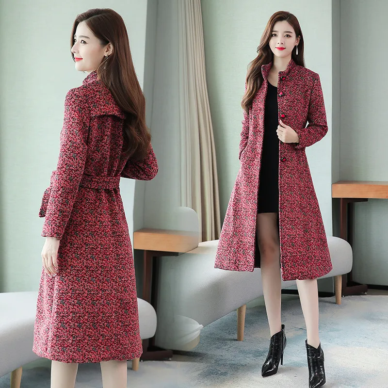 

2019 Vintage Autumn Winter Wool Jackets casual Long Sleeve Single-breasted belt Long Woolen Trench Coat Women Outerwear v1022