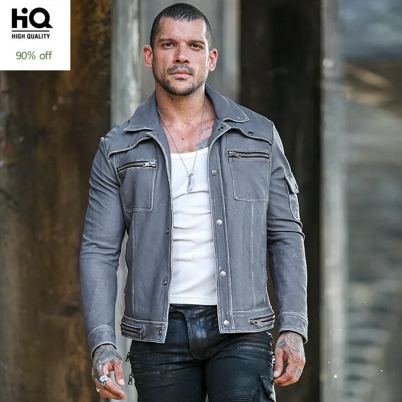 

Vintage Slim Genuine Leather Motorcycle Jacket Men Autumn Casual Zipper Cowhide Short Coat Gray Streetwear Work Jacket Plus Size