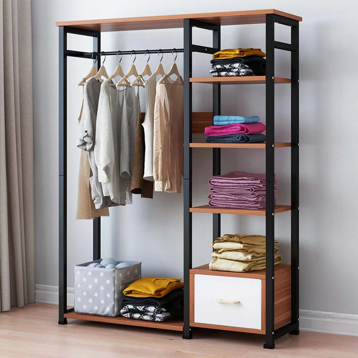 Clothes Garment Organizer Freestanding Closet Metal Garment Rack With Wood Shelves Open Wardrobe Closet Storage Organizer Storage Shelves Racks Aliexpress