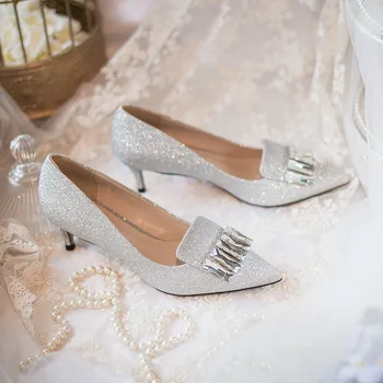 

Pumps Women Shoes Zapatos De Mujer Pointed Toe Heels Women Bling Rhinestone Shoes Slip On Shallow Ladies Shoes Thin Heels