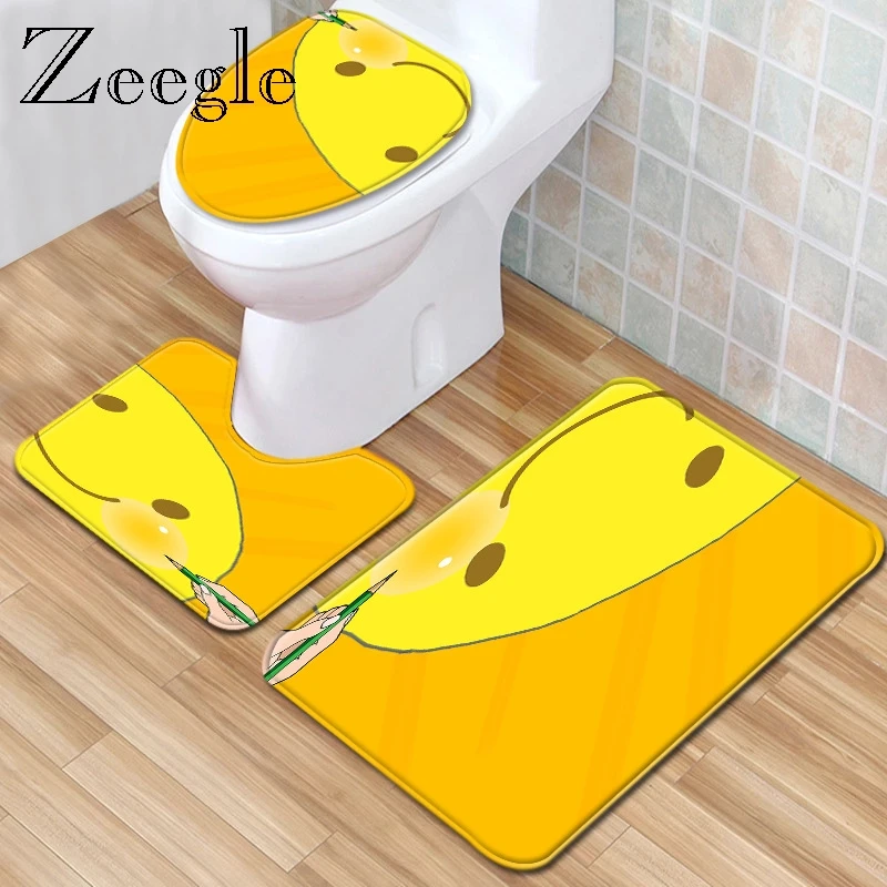 Zeegle 3pcs Bathroom Mat Set Anti Slip Toilet Pattern Flannel Toilet Seat Cover Suit Flannel Bathroom Carpet Set Toilet Soft Rug