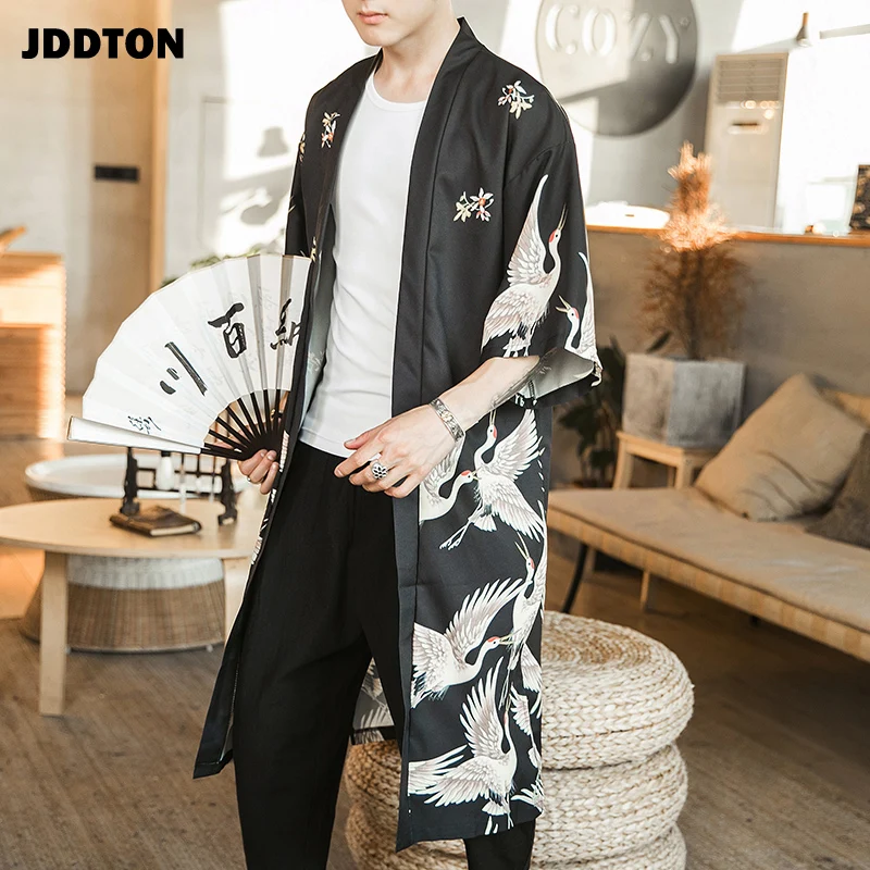 New JDDTON Men's Kimono Fashion Jackets Long Cardigan Traditional Japanese Yukata Outerwear Haori Coats