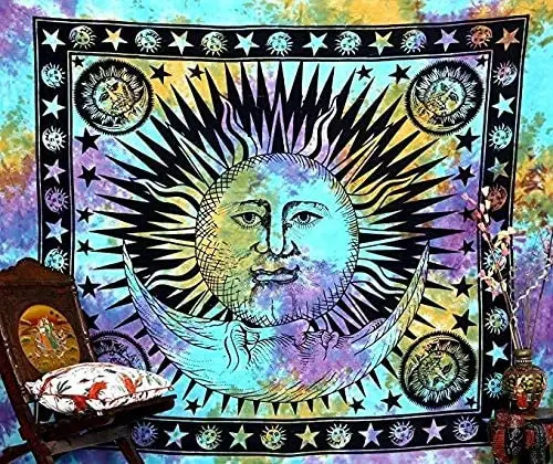Indian Psychedelic Sun Moon Stars Tie Dye Mandala Tapestry Hippy Wall Hanging 