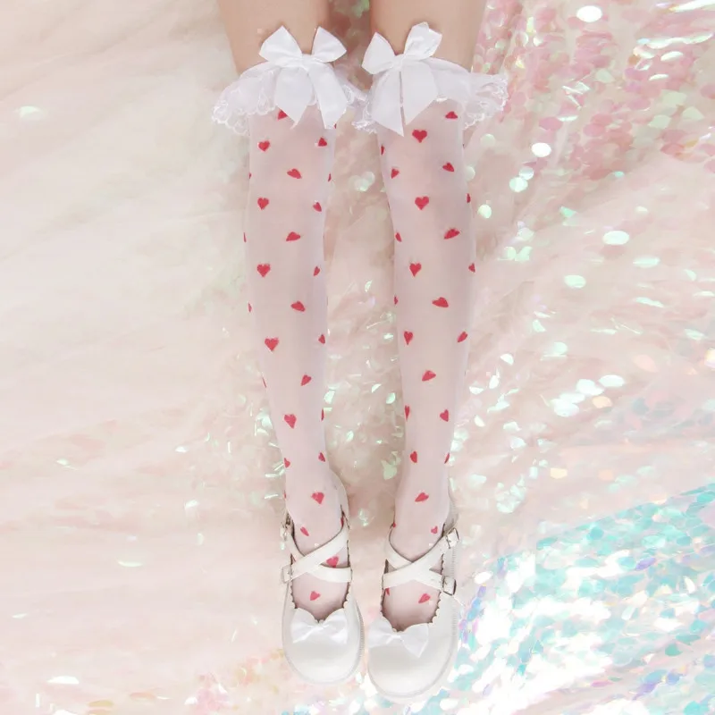 Японский стиль Лолита девушка милые сердца женские высокие носки Harajuku Kawaii точка кружева лук выше колена носки панк готический черный белый колготки