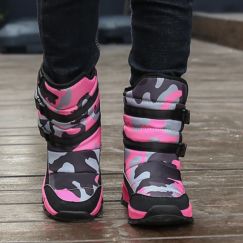 Теплые ботинки для девушек детская зимняя Сапоги; меховые сапоги обувь из материала на основе хлопка для мальчиков; верхняя одежда; зимние сапоги детские, средней половину икры, анти-скольжения tenis infantil
