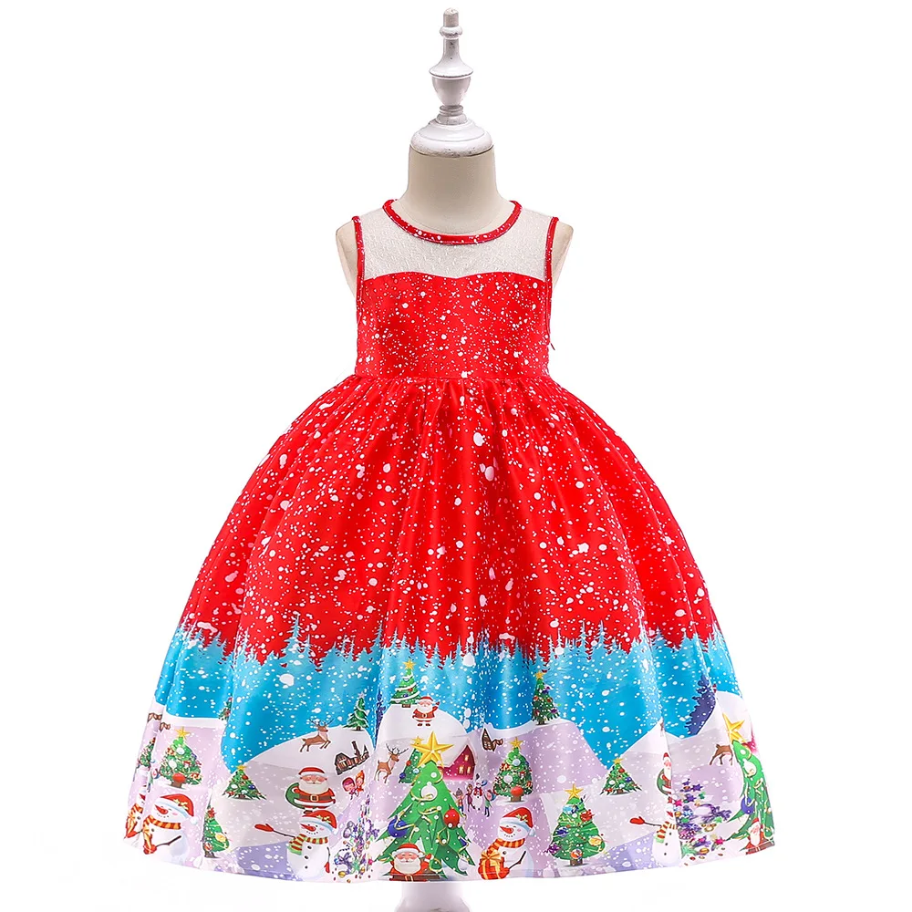 

Princess Toddler Girls Cartoon Santa Claus Christmas Snow Scene Printed Clothes for Kids Red Dress for Christmas Girls
