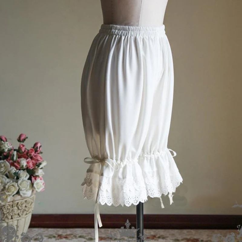 Women Lolita Vintage Bloomers Ruffles Lace Hem Bow Lantern Pumpkin Shorts Solid Color Elastic Bubble Safety Under Pants crossover leggings