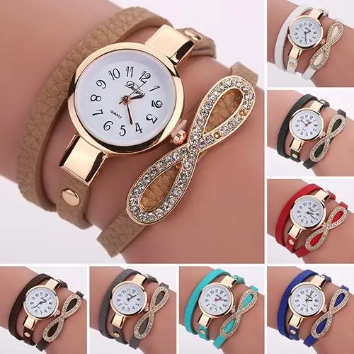 

Women Fashion Rhinestone Eight Shape Faux Leather Multilayer Bracelet Wrist Watch relogios feminino zegarek clock women Ladies D