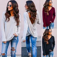

2022 Aww Women's Sexy Tops Solid Color V-neck Sexy Backless Harajuku Personalized Long Sleeve T-shirt Pullover Black Bray Red