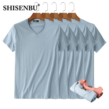 

Slub Cotton Men's 5 Pack Short Sleeve Basic T Shirt Men Plus Size Soft Stretch Summer Vintage Mens V Neck Tshirt Polera Hombre