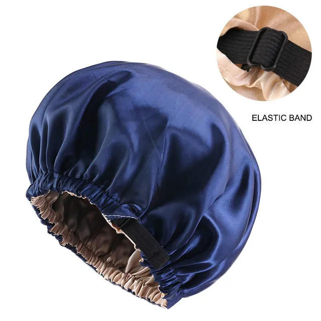 Wholesale Silky Satin Bonnet Hair Cap Double Layer Sleep Night Cap with Invisible Flat Adjusting Button Head Cover Bonnet Hat Navy Blue
