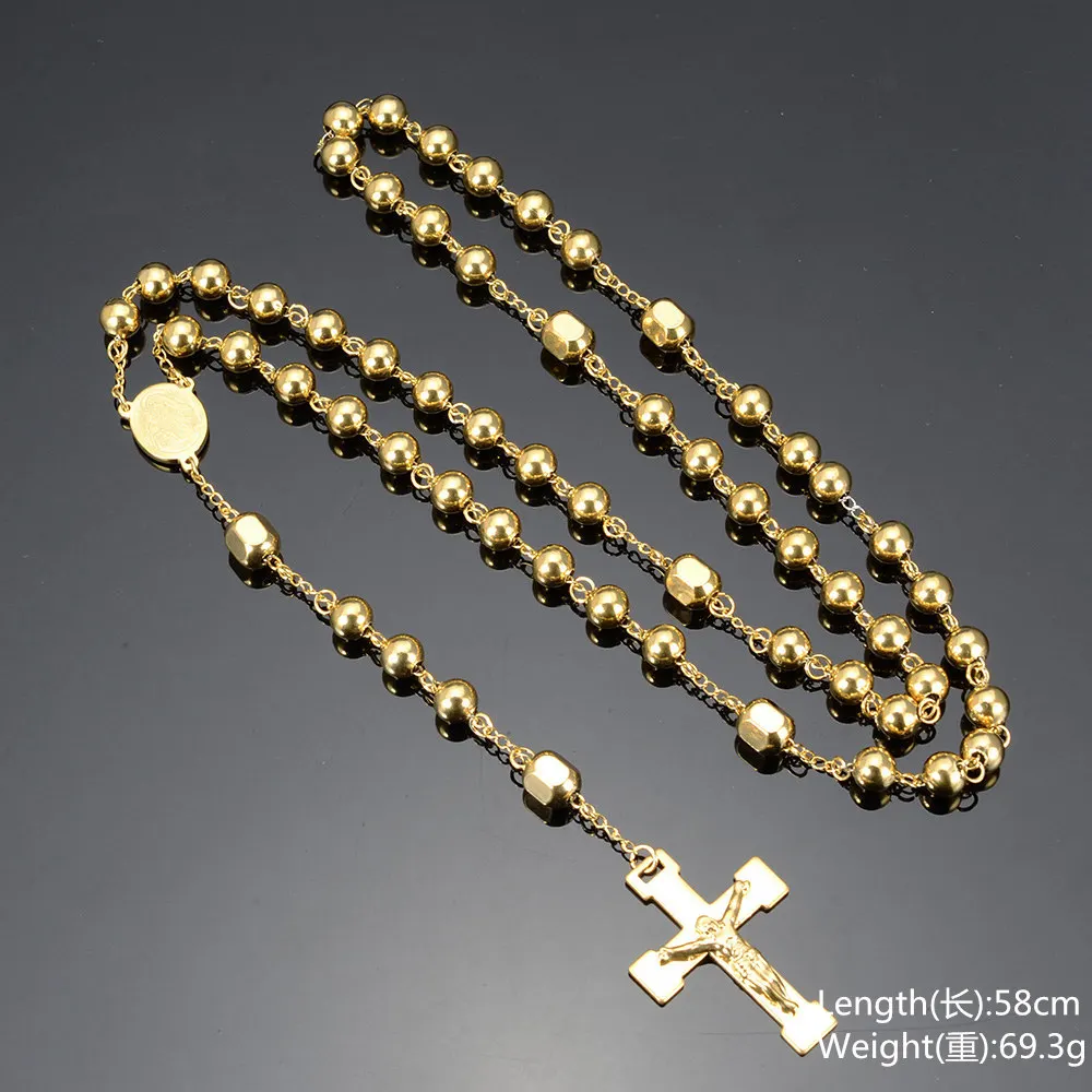 Chic Gold Stainless Steel Rosary Beads Chain Necklace for Women Men Ball Handmade Crucifix Jesus Pendant Religious Cross Jewelry