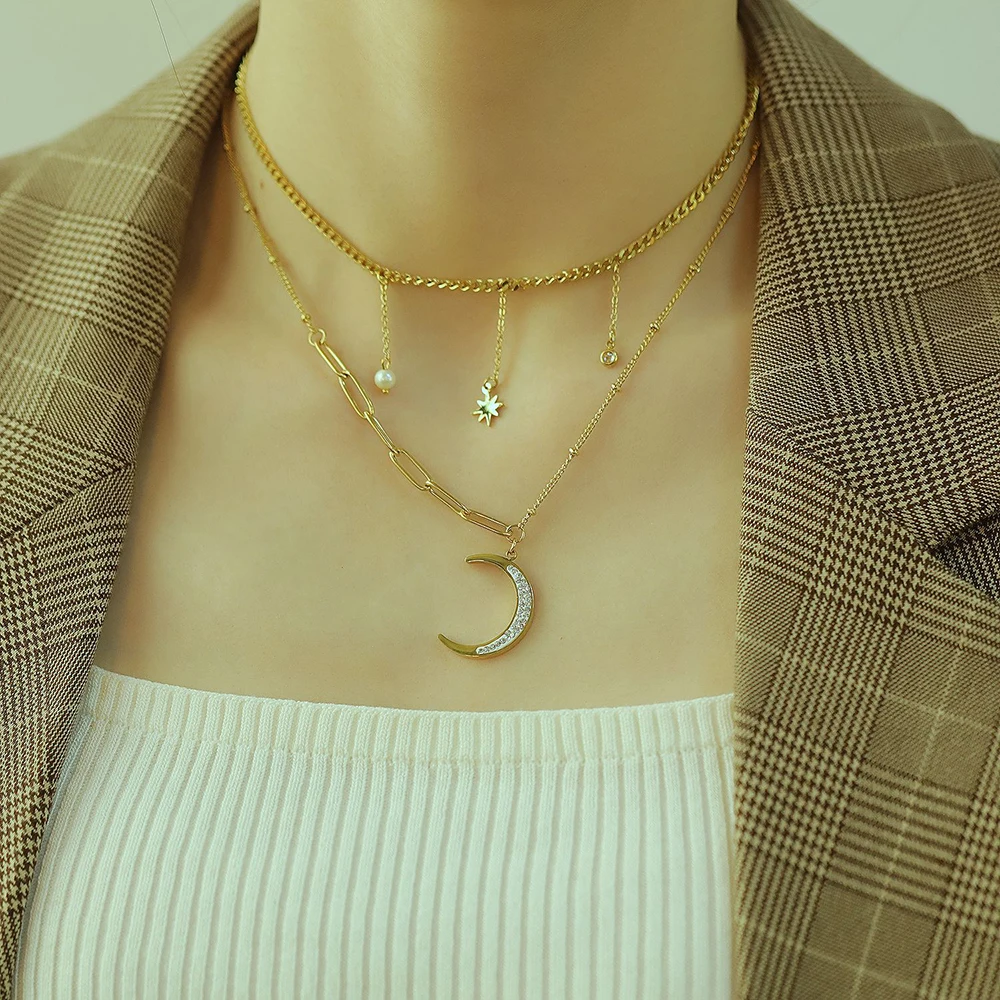 Yobest Fashion Simple Double Layer Star Moon Charm Necklace Delicate Clavicle Chain Zircon Necklace For Women Jewelry - Image 6