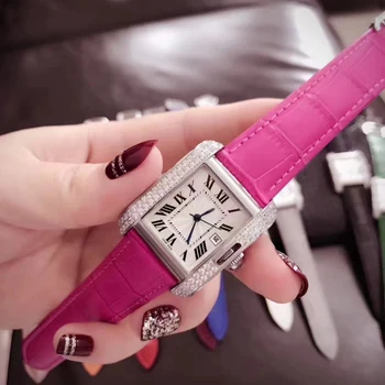 

Women watch 29mm Diamonds bezel Red strap Silver case luxury AAA quality quartz Tick Ladies delicate watches Girls Gift