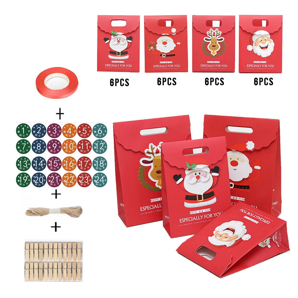 24 шт рождественские подарочные пакеты с календарем обратного отсчета джутовый мешок для хранения конфет DIY Рождественский Адвент-календарь сумка с календарем avent - Цвет: Красный