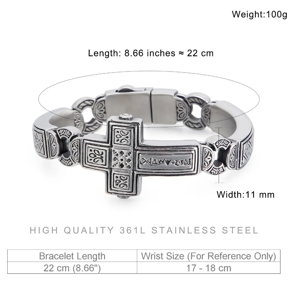 Fongten Cross Charms Bangle For Men Stainless Steel Heavy Mens Bangle Bracelets Male Retro Rune Silver Color Jewelry Armband