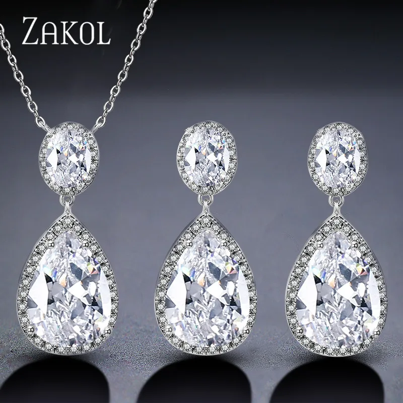 

ZAKOL Luxury High Quality Big Water Drop Cubic Zirconia Jewelry Set Fashion White Color Jewelry for Women Wedding FSSP2005