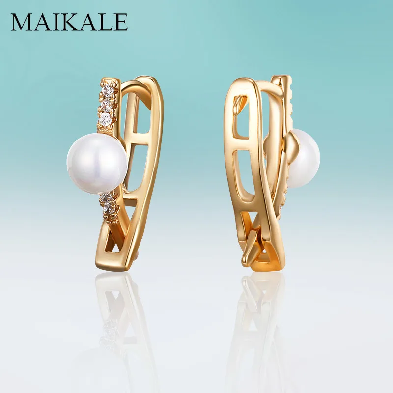 MAIKALE New Fashion V-shape Cross Stud Earrings with Pearl Cubic Zirconia Gold Silver Color Plated Samll Earrings for Women Gift