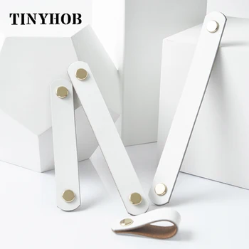

White Leather Cabinet Knob and Handle Simple Multi Sizes Cabinet Wardrobe Brass Handle Handmade Drawer Pull Furniture Handles