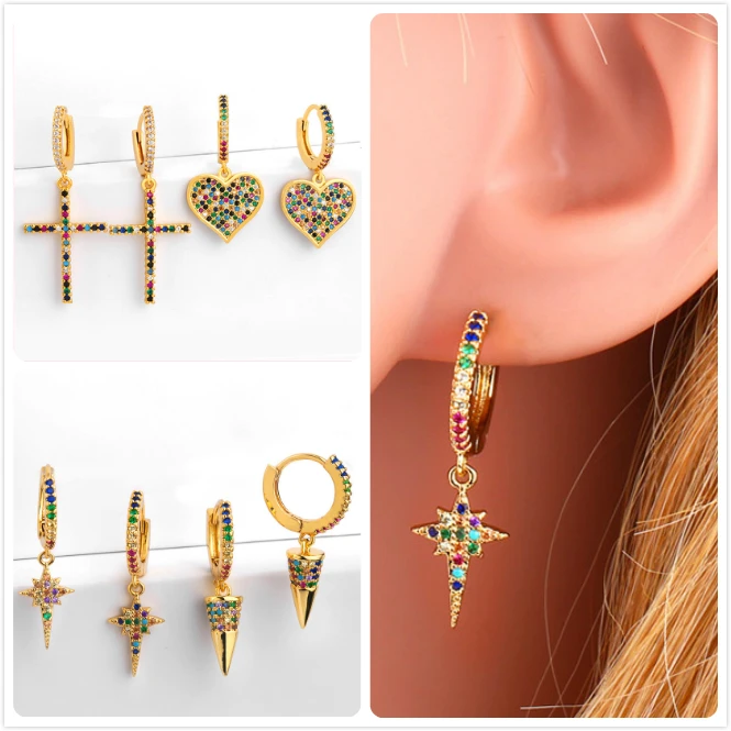 Colorful Zircon Stone Earrings For Women Gold Heart Cross Pendant Earring Rainbow Crystal Star aretes Girl Party R5 | Украшения и