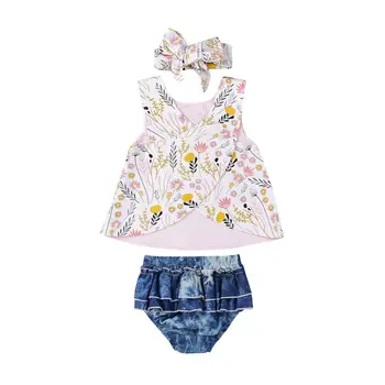 

Newborn Infant Toddler Baby Girls Clothes Floral Vest Summer V Neck Sleeveless Tops Denim Shorts Headband Outfits Sets 0-3 Years