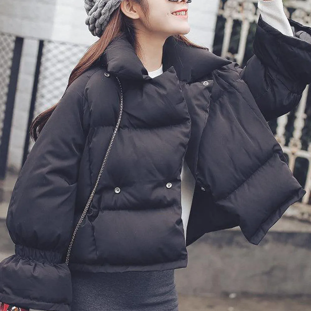 Корейский стиль, Зимний короткий пуховик для женщин, водолазка, женский пуховик, свободный, большой размер, для женщин, с эластичными рукавами, короткая парка, пальто