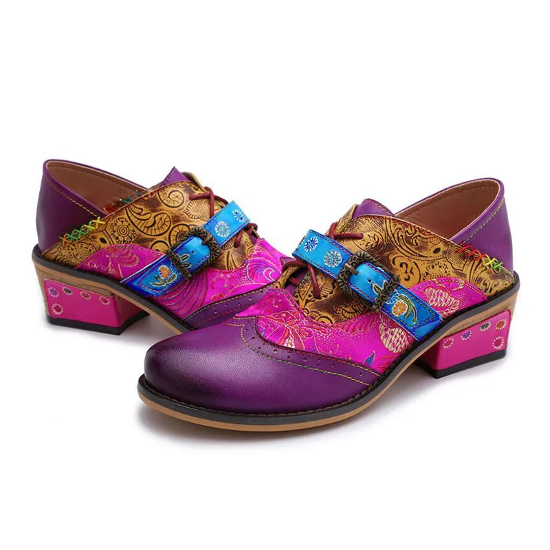 Tuyoki Vintage Pattern Genuine Leather Splicing Buckle Strap Pumps Mixed Color Thick Heels Bohemian Shoes Women Size 36-42