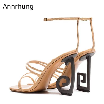 

Asymmetrical Strange Heel Party Sandals Women Ankle Strappy Narrow Band Genuine Leather Open Toe Sexy Summer Shoes Woman