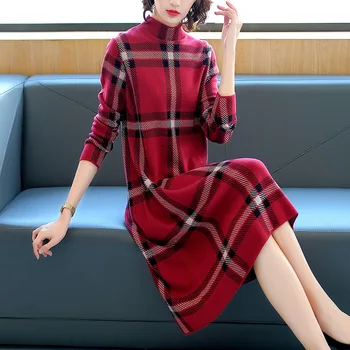 

Vintage Plaid Harajuku Knitted Dress Fall Winter Women Long Sleeve Knit Dresses Korean Elegant Holiday Wedding Party Tunic Dress
