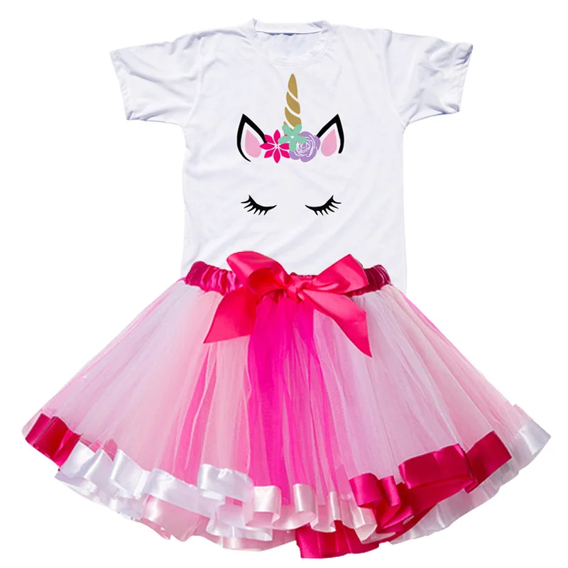 Детское платье с единорогом для девочек, комплекты летней одежды с единорогом футболка с короткими рукавами+ юбка-пачка Детские костюмы для девочек - Цвет: Hot Pink 2